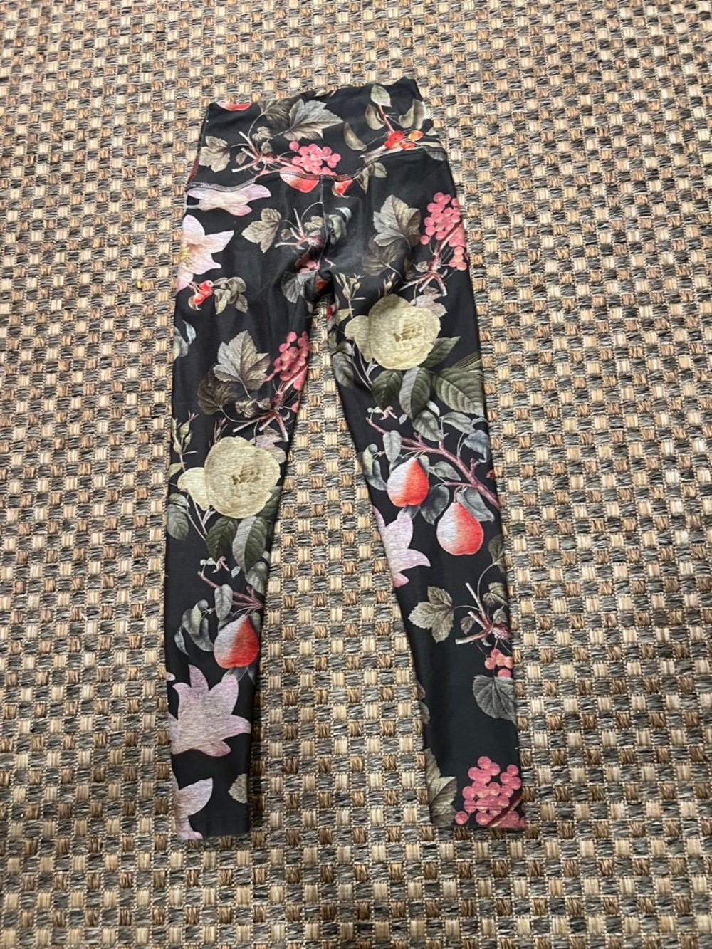 Beyond Yoga Black Floral Leggings with Pink and Green Accents